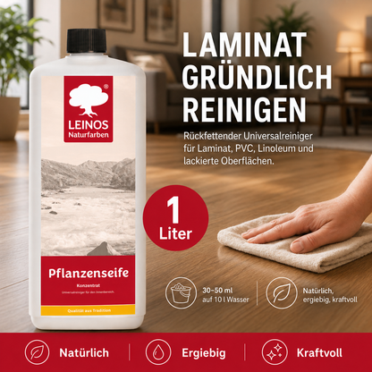 Leinos-Pflanzenseife 930 1 Liter Naturseife  – Rückfettender Universalreiniger aus Pflanzenölen für geölte, gewachste & lackierte Flächen – natürlich, ergiebig & biologisch abbaubar