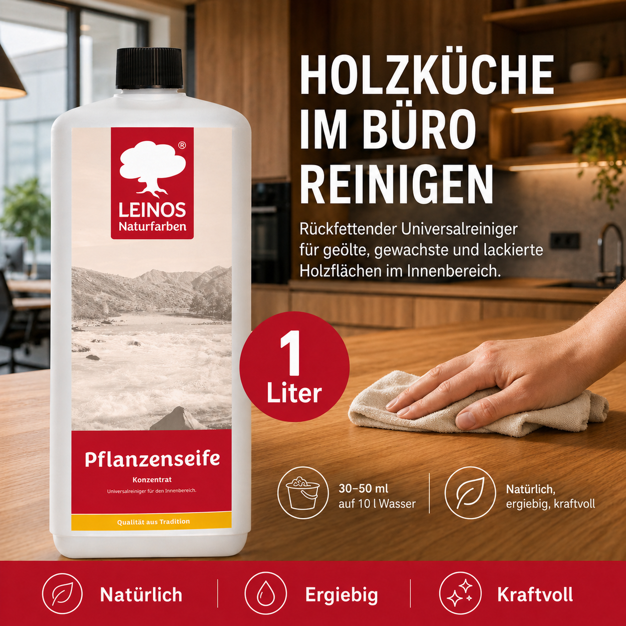 Leinos-Pflanzenseife 930 1 Liter Naturseife  – Rückfettender Universalreiniger aus Pflanzenölen für geölte, gewachste & lackierte Flächen – natürlich, ergiebig & biologisch abbaubar