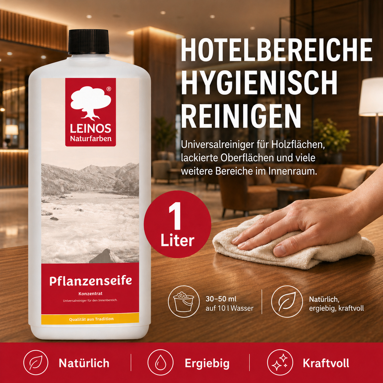 Leinos-Pflanzenseife 930 1 Liter Naturseife  – Rückfettender Universalreiniger aus Pflanzenölen für geölte, gewachste & lackierte Flächen – natürlich, ergiebig & biologisch abbaubar