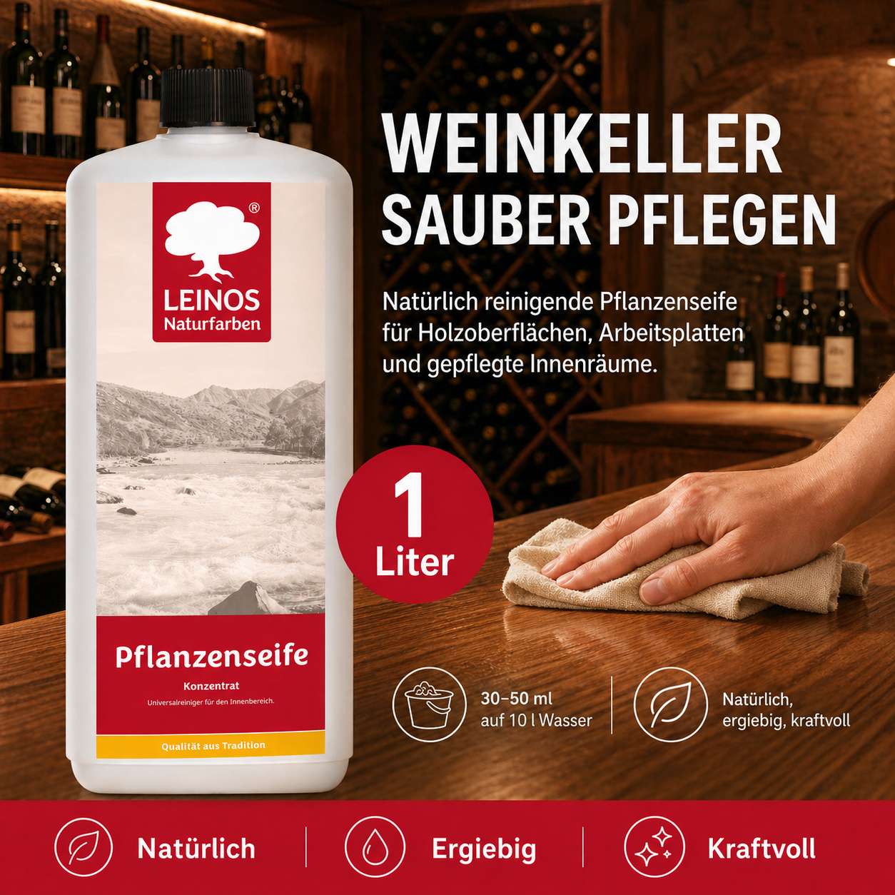 Leinos-Pflanzenseife 930 1 Liter Naturseife  – Rückfettender Universalreiniger aus Pflanzenölen für geölte, gewachste & lackierte Flächen – natürlich, ergiebig & biologisch abbaubar