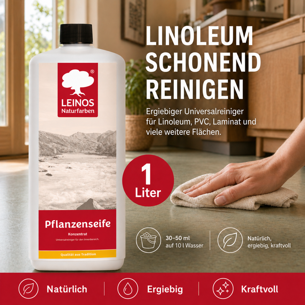 Leinos-Pflanzenseife 930 1 Liter Naturseife  – Rückfettender Universalreiniger aus Pflanzenölen für geölte, gewachste & lackierte Flächen – natürlich, ergiebig & biologisch abbaubar