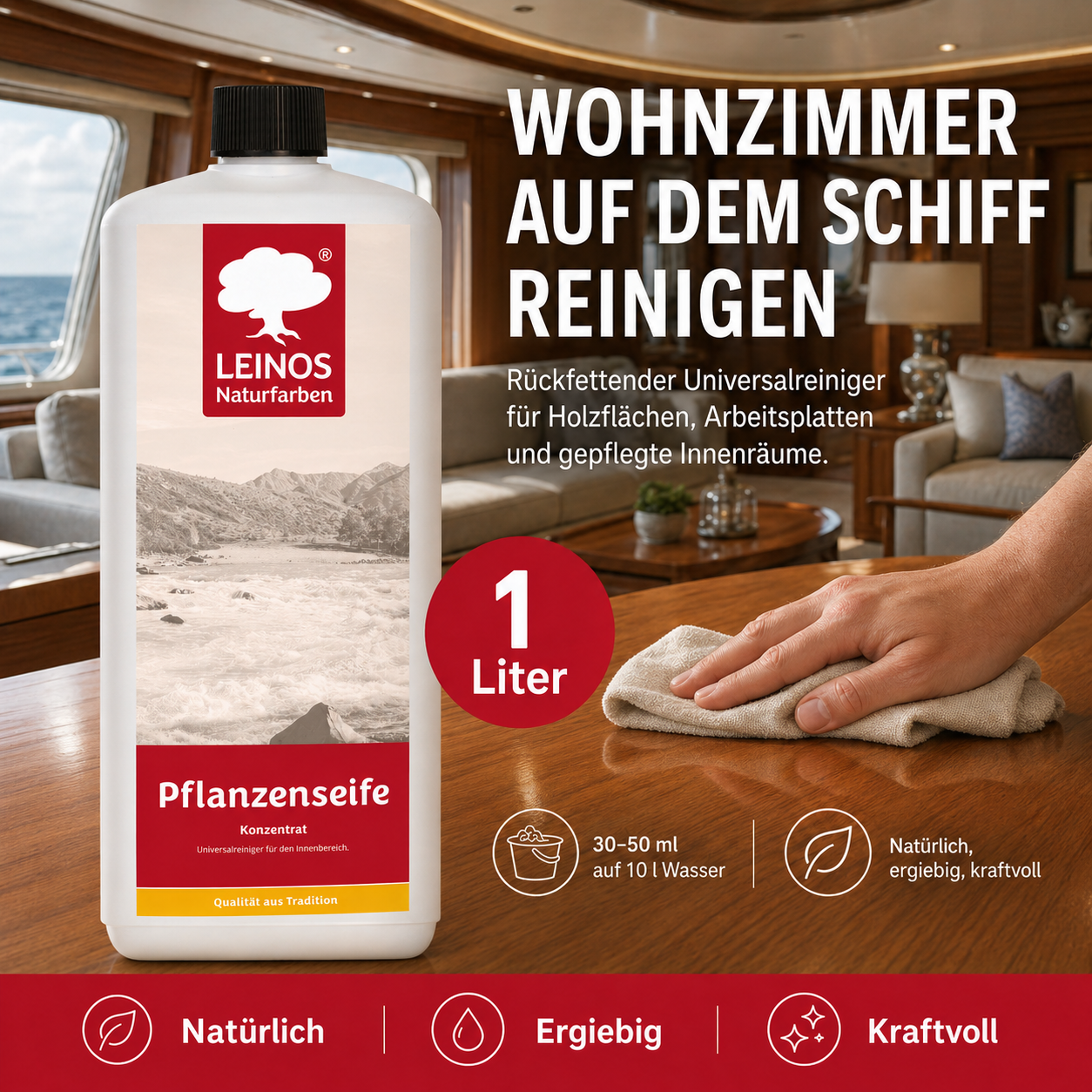 Leinos-Pflanzenseife 930 1 Liter Naturseife  – Rückfettender Universalreiniger aus Pflanzenölen für geölte, gewachste & lackierte Flächen – natürlich, ergiebig & biologisch abbaubar