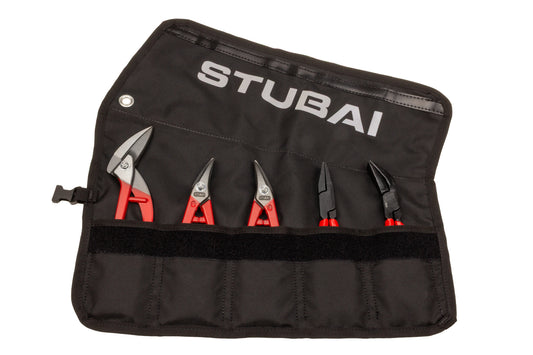 STUBAI-Mini-Spengler-Werkzeug-Set 5-tlg. in Rolltasche | nicht isoliert | Mini-Durchlaufschere, Kombi-Blechschere rechts & links, Falzzange 180 mm gerade & 45° gebogen | kompakt & leicht