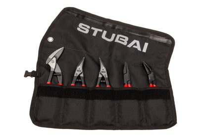 STUBAI Mini-Zangen-Set | Rolltasche, 5-teilig | PVC - isoliert | mit Mini Durchlaufschere | rechte & linke Blechschere | Falzzange gerade & 45° gebogen | Profi-Spenglerwerkzeug kompakt & griffbereit