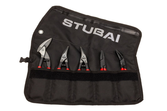 STUBAI Mini-Zangen-Set | Rolltasche, 5-teilig | PVC - isoliert | mit Mini Durchlaufschere | rechte & linke Blechschere | Falzzange gerade & 45° gebogen | Profi-Spenglerwerkzeug kompakt & griffbereit