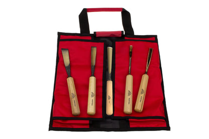 STUBAI Schnitzersatz S520 | 5-teiliges Schnitzwerkzeug-Set in Rolltasche | Enthält Balleisen 20 mm, Flacheisen 16 mm, Hohleisen 10 mm & 6 mm, Gaißfuß 6 mm | Für Anfänger & Fortgeschrittene