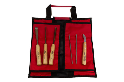 STUBAI Schnitzeisen- & Riffelraspelsatz Nr. 1 – 6-tlg. | Pro Set für Holzschnitzerei | 3 Schnitzeisen, 2 handbehauene Miniraspeln & Kerbschnitzmesser | in Rolltasche für Detail- & Reliefarbeiten