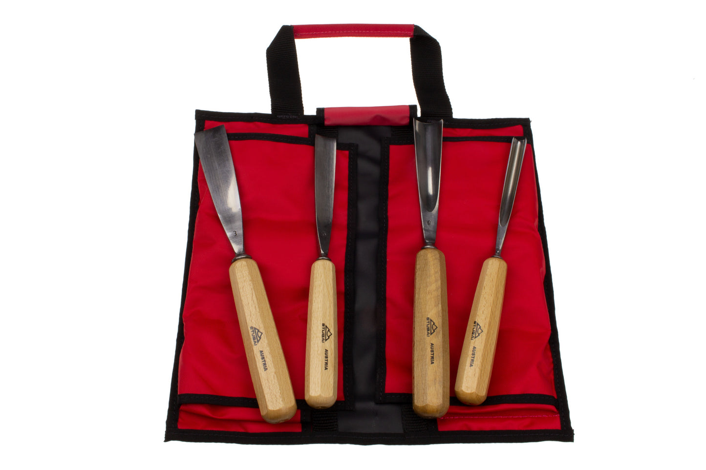 STUBAI S550 Schnitzersatz 4-tlg. | Grundausstattung für Holzschnitzerei & Bildhauerei | 4 Schnitzeisen (Flach- & Hohleisen) mit Holzheften | In robuster Rolltasche, ideal für Skulpturen 30–80 cm