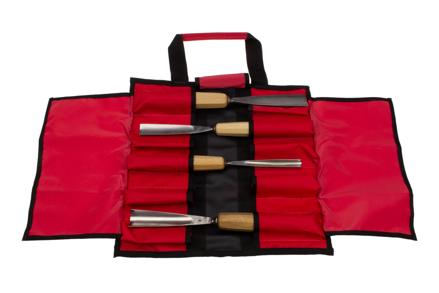 STUBAI S550 Schnitzersatz 4-tlg. | Grundausstattung für Holzschnitzerei & Bildhauerei | 4 Schnitzeisen (Flach- & Hohleisen) mit Holzheften | In robuster Rolltasche, ideal für Skulpturen 30–80 cm