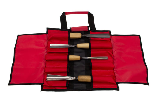 STUBAI S550 Schnitzersatz 4-tlg. | Grundausstattung für Holzschnitzerei & Bildhauerei | 4 Schnitzeisen (Flach- & Hohleisen) mit Holzheften | In robuster Rolltasche, ideal für Skulpturen 30–80 cm