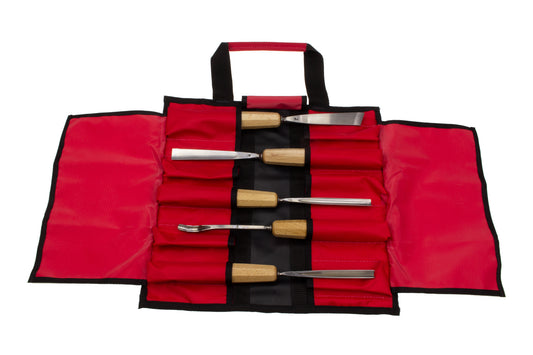STUBAI Schnitzersatz | 5-teiliges Schnitzwerkzeug-Set in Rolltasche | Enthält Balleisen 20 mm, Flacheisen 16 mm, Hohleisen 10 mm & 6 mm, Gaißfuß 6 mm | Für Anfänger & Fortgeschrittene