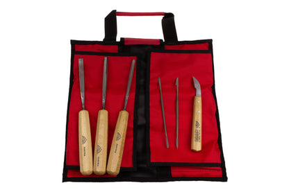 STUBAI Schnitzeisen- & Riffelraspelsatz Nr. 1 | 6-tlg. Set mit Balleisen 10 mm, Hohleisen 8 mm & 4 mm, Riffelraspel Nr. 1 & Nr. 2, Kerbschnitzmesser 45 mm | Schnitzwerkzeug in Rolltasche für Holzschnitzerei