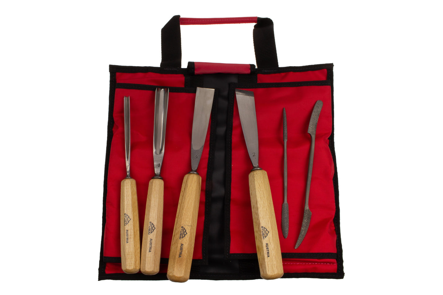 STUBAI Schnitzeisen- & Riffelraspelsatz Nr. 2 | 6-tlg. Set mit Gaißfuß 6 mm, Hohleisen 16 mm, Flacheisen 25 mm, Balleisen 25 mm, Riffelraspel Nr. 4 & Nr. 7 | Schnitzwerkzeug in Rolltasche