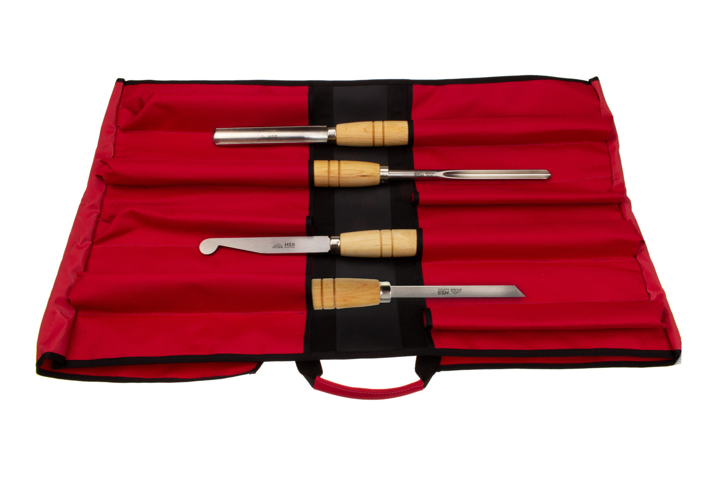 STUBAI Drechselset 4-tlg. Grundausstattung – HSS Formröhre, Schüssel-Drehröhre, Ausdrehstahl, Abstecher – Rolltasche 5000R2 – Profiwerkzeug für Drechsler