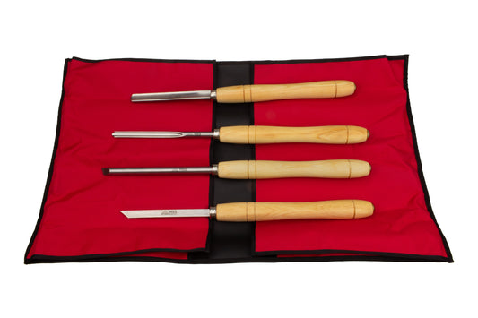 STUBAI Drechseleisenset Nr. 3, 5-tlg. – Formröhre, Spindelformröhre, Schüsselröhre, Rund-Drehmeißel, Abstecher – Rolltasche 5000R2 – Profiwerkzeug für Drechsler