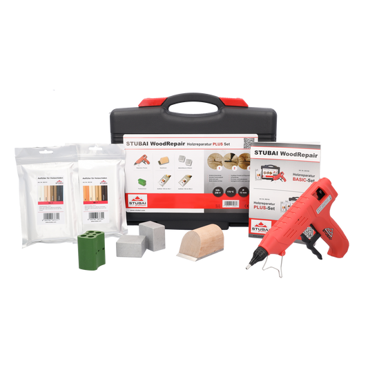 STUBAI WoodRepair Holzreparatur Satz PLUS+ mit Astfüller-Pistole 80W, Kompaktbeutel Mix 1+2, Kühleisen, Handhobel & Farbwechsler