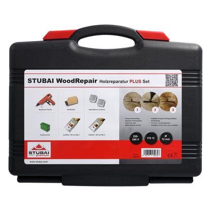 STUBAI WoodRepair Holzreparatur Satz PLUS+ mit Astfüller-Pistole 80W, Kompaktbeutel Mix 1+2, Kühleisen, Handhobel & Farbwechsler
