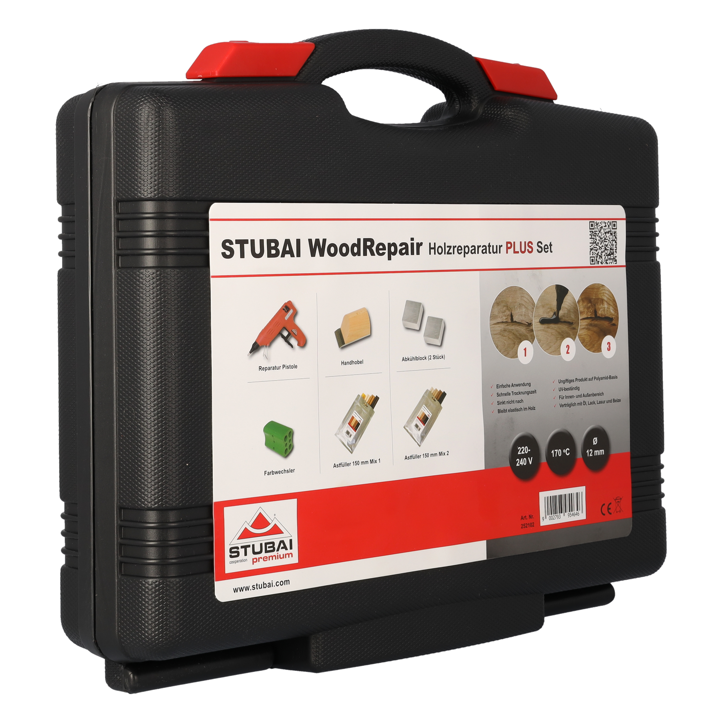 STUBAI WoodRepair Holzreparatur Satz PLUS+ mit Astfüller-Pistole 80W, Kompaktbeutel Mix 1+2, Kühleisen, Handhobel & Farbwechsler