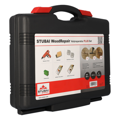 STUBAI WoodRepair Holzreparatur Satz PLUS+ mit Astfüller-Pistole 80W, Kompaktbeutel Mix 1+2, Kühleisen, Handhobel & Farbwechsler