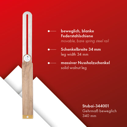 STUBAI Gehrmaß 330 mm beweglich | hochwertige Federstahlschiene mit Nussholzschenkel | Profi Winkelmesser für präzise Messungen und Markierungen