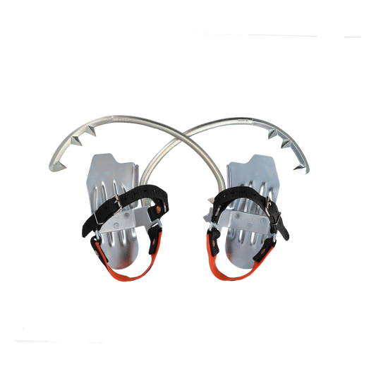 STUBAI Mastensteigeisen mit Textilriemen und Bügel montiert | Trittplatte aus Stahlblech mit Zehenschutz | Höhensteigeisen galvanisch verzinkt mit solider Riemenbindung | Profi Mastensteighilfen