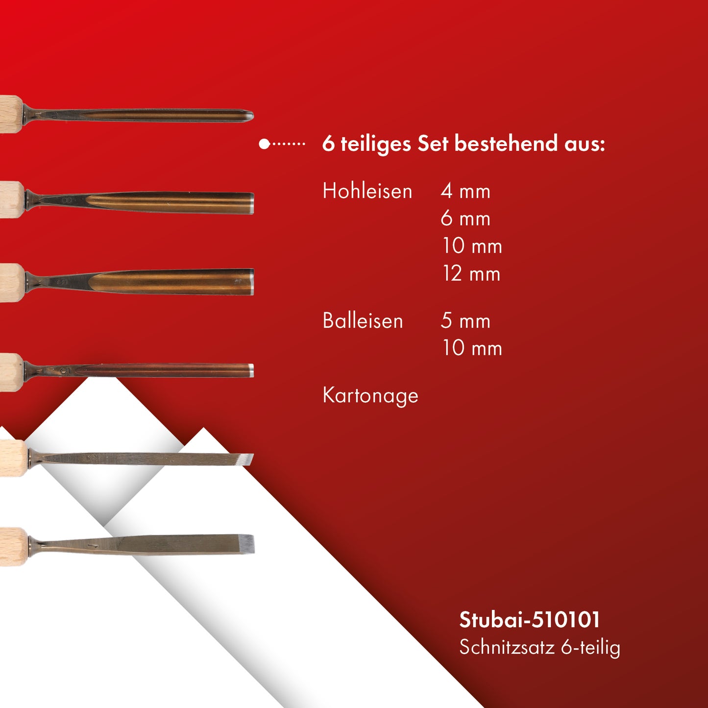 STUBAI Schnitzersatzset Kerbschnitzmesser Set Serie 52, 6-teilig - Balleisen 5 mm & 10 mm + Hohleisen 4 mm, 6 mm, 10 mm & 12 mm, Schnitzeisen mit Holzgriff, geschärft, zur Bearbeitung von Holz