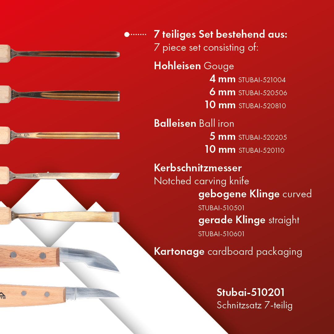 STUBAI Schnitzersatzset Kerbschnitzmesserset Serie 52, 7-teilig - Balleisen 5 mm & 10 mm + Hohleisen 4 mm, 6 mm & 10 mm + 2 Kerbschnitzmesser, Schnitzeisen mit Holzgriff, zur Bearbeitung von Holz