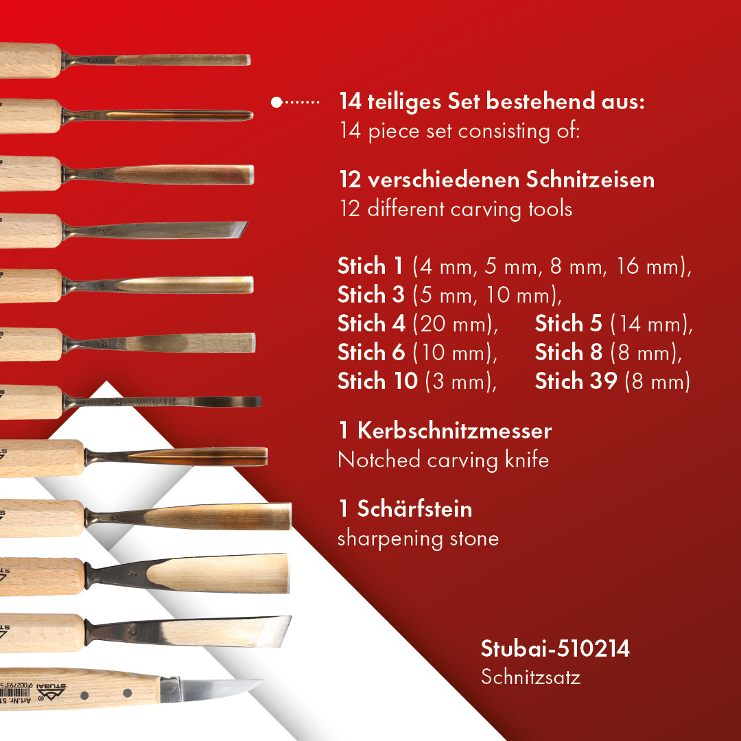 STUBAI Bildhauersatz | 14-teilig | Set aus Schnitzeisen, Schnitzwerkzeug für feine Schnitzarbeiten, Holzbearbeitung, Schnitzmesser