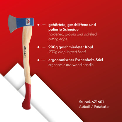 STUBAI Astbeil Putzhake | 900 g Kopfgewicht | Beil aus Stahl mit Holzgriff, kleine Axt zur Forstarbeit, Spaltbeil, Allzweckbeil, Freizeitbeil