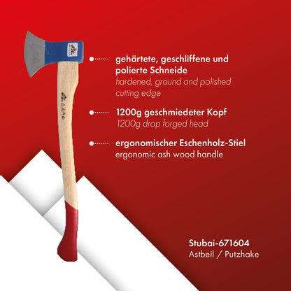 STUBAI Astbeil Putzhake im Nirolook mit Messing-Stielschutz | 1200 g Kopfgewicht | Beil aus Stahl mit Holzgriff, kleine Axt zur Forstarbeit, Spaltbeil, Allzweckbeil, Freizeitbeil