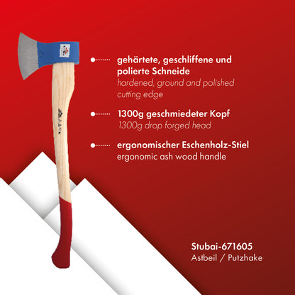 STUBAI Astbeil Putzhake | 1300 g Kopfgewicht | Beil aus Stahl mit Holzgriff, kleine Axt zur Forstarbeit, Spaltbeil, Allzweckbeil, Freizeitbeil