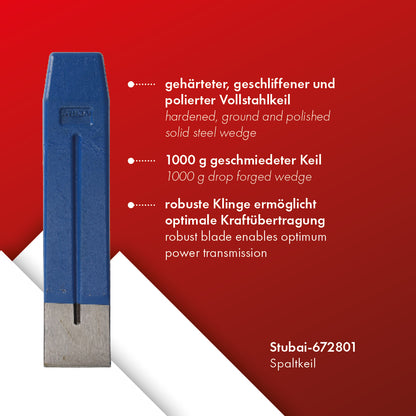 STUBAI Spaltkeil 195 mm | 1000 g | Holz-Spaltkeil Fällkeil aus Vollstahl, im Gesenk geschmiedet, Holzspalter, Keil für Forst und Camping