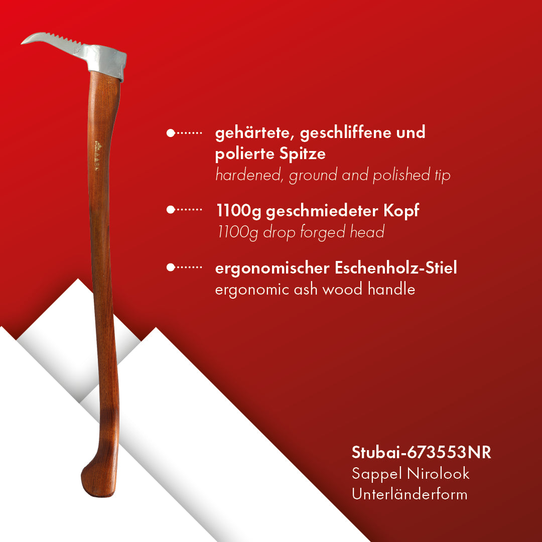 STUBAI Sappie Unterländer-Form mit Zahnung | Nirolook | 1100 g Kopfgewicht | Sappel aus Eschenholz, gesenkgeschmiedet, Spitze gehärtet, geschliffen | zum Ziehen und Bewegen von Holzstücken