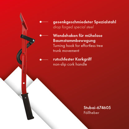 STUBAI Fällheber mit Wendehaken 80 cm Länge, geschmiedet aus Spezialstahl, ergonomischer Korkgriff, Forstwerkzeug zum Drehen & Fällen von Bäumen, FPA-zertifiziert, rot, rückenschonend, 80 cm Länge