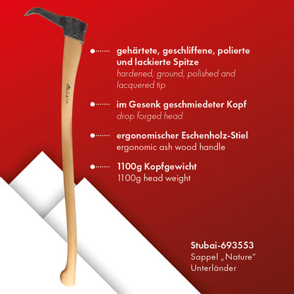 STUBAI Sappie "Nature" mit Zahnung | Unterländer Form | Eschenholz-Stiel geölt | Kopfgewicht 1100 g | geschmiedeter Kopf, gehärtete Spitze | Forstwerkzeug zum Ziehen, Aufheben & Bewegen von Holz