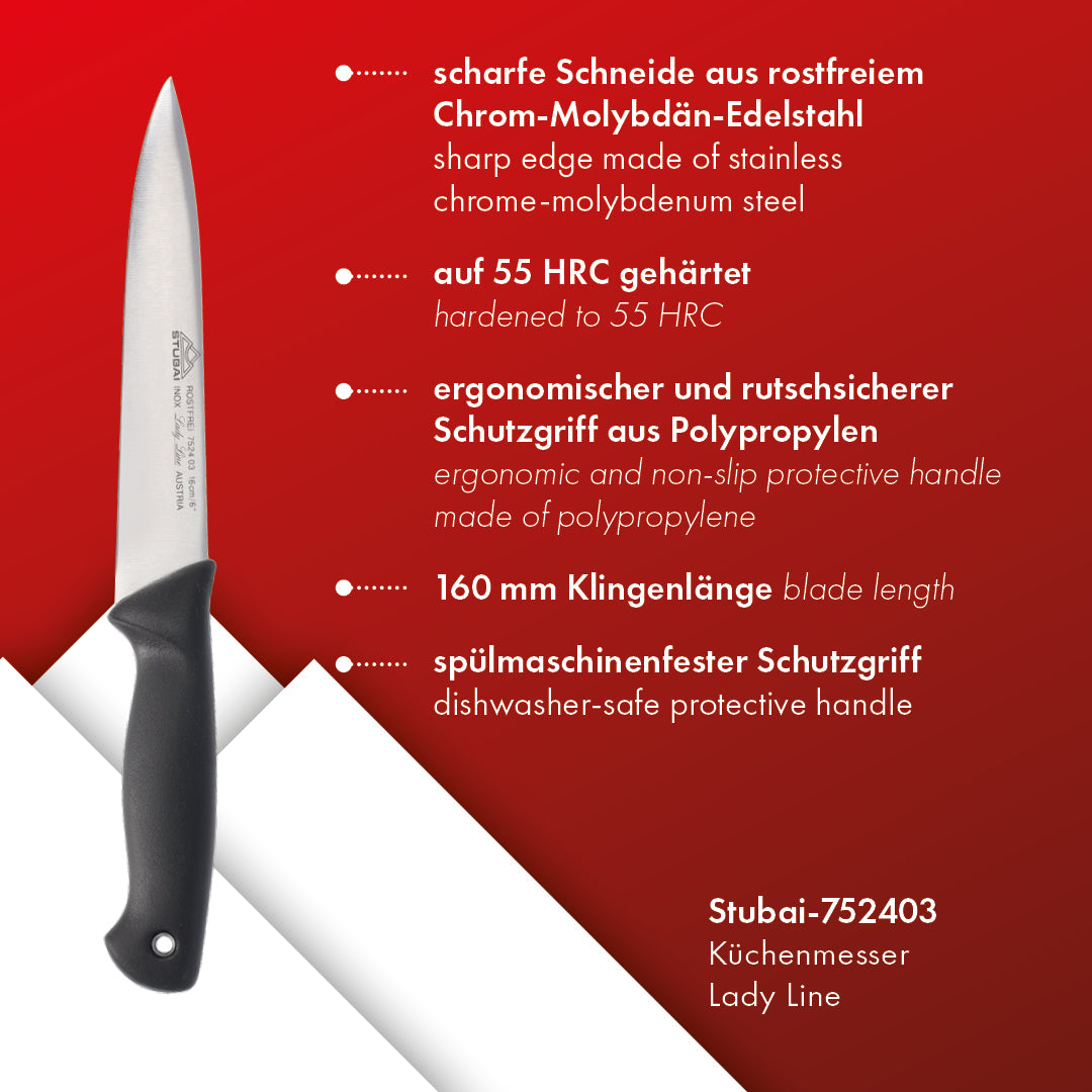 STUBAI hochwertiges Küchenmesser mit Mittelspitz | 160 mm | Haushaltsmesser Lady Line aus Edelstahl für Schneiden von Fleisch, Gemüse, Obst & Lebensmitteln, rostfrei, spülmaschinenfest, für Küche