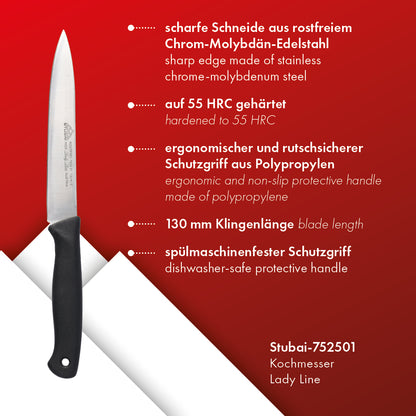 STUBAI hochwertiges Kochmesser Mittelspitz | 130 mm | Küchenmesser Lady Line aus Edelstahl für Schneiden von Fleisch, Gemüse, Obst & Lebensmitteln, rostfrei, spülmaschinenfest