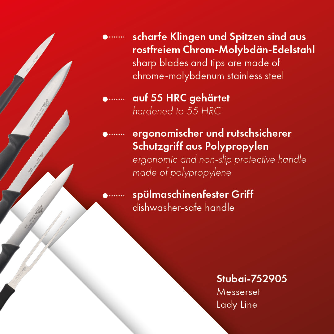 STUBAI 5-teilliges Messerset aus Kochmesser Mittelspitz 200 mm, Brotmesser 180 mm, Küchenmesser Mittelspitz 160 mm, Vorlegegabel gerade 135mm, Gemüsemesser 90 mm | Messerserie Lady Line