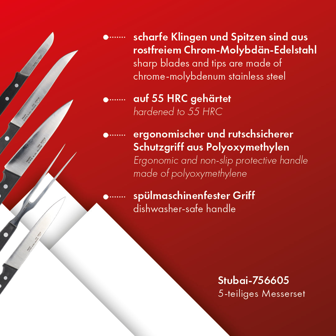 STUBAI 5-teilliges Messerset aus Gemüsemesser 80 mm, Allzweckmesser 150 mm, Kochmesser 160 mm, Küchenmesser Mittelspitz 180 mm, Vorlegegabel 110 mm | Messerserie Tirol in Karton