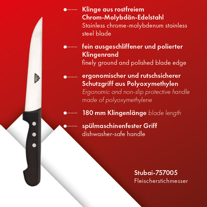 STUBAI hochwertiges Fleischerstichmesser | 180 mm| Küchenmesser zum Schneiden von Steaks, Braten und Fleischgerichte, spülmaschinenfest