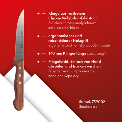 STUBAI Stechmesser mit Edelholzgriff | 140 mm | Fleischermesser aus Edelstahl, rostfrei, spülmaschinenfest