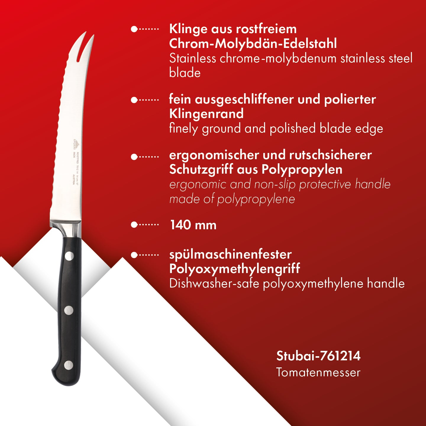 STUBAI Tomatenmesser geschmiedet mit Wellenschliff, 2 Spitzen | 140 mm | Küchenmesser aus Edelstahl für Schneiden von Tomaten, Kiwis, weichen Früchten und Gemüsesorten, spülmaschinenfest