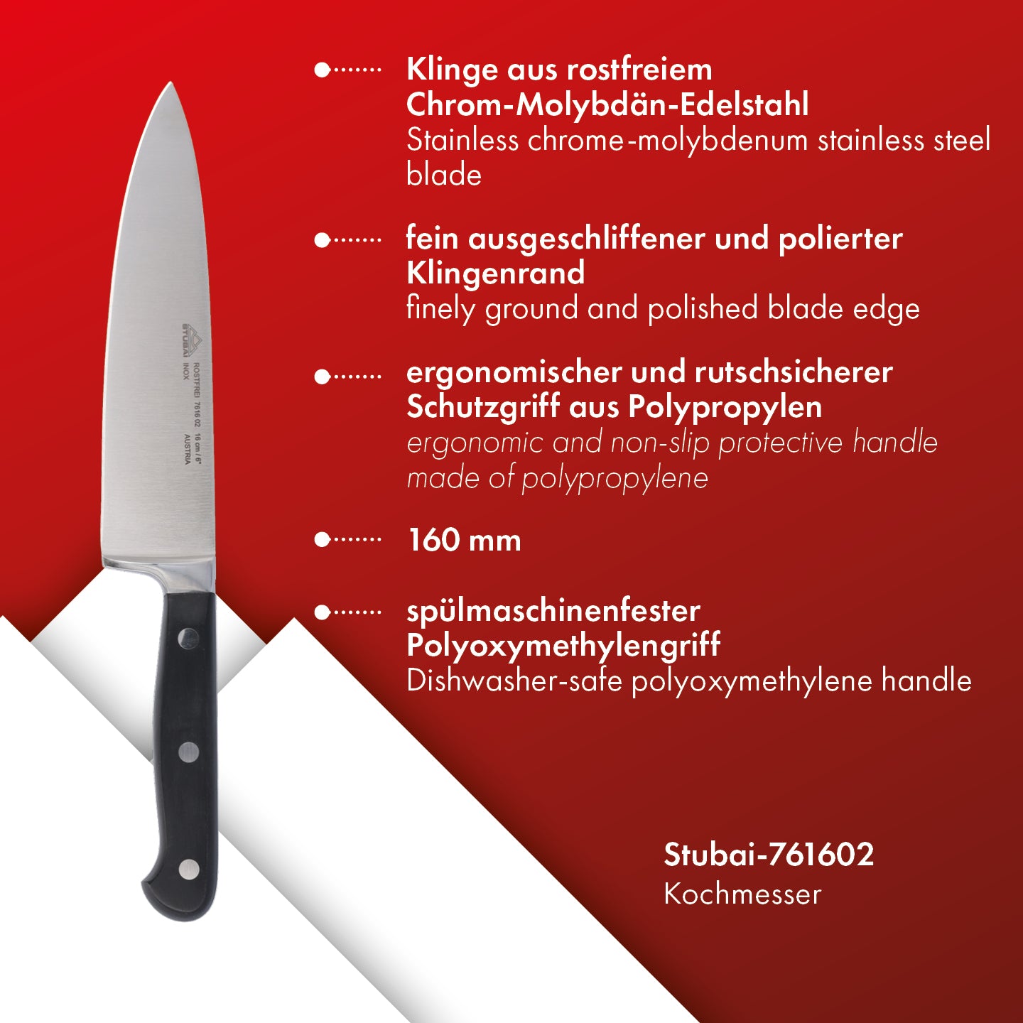 STUBAI hochwertiges breites Kochmesser geschmiedet | 160 mm | Küchenmesser aus Edelstahl für Schneiden von Fleisch, Geflügel, Gemüse, Obst & Lebensmitteln, spülmaschinenfest, schwarzer Griff