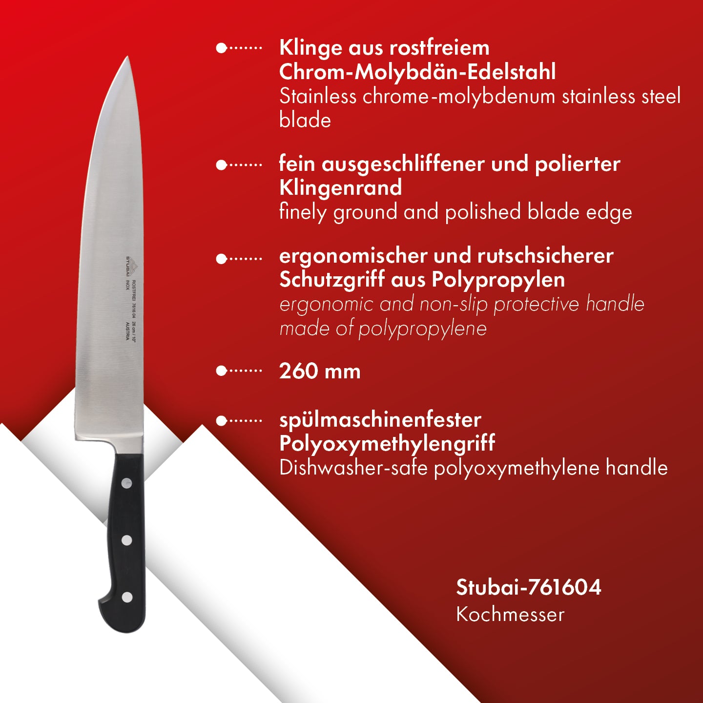 STUBAI hochwertiges breites Kochmesser geschmiedet | 260 mm | Küchenmesser aus Edelstahl für Schneiden von Fleisch, Geflügel, Gemüse, Obst & Lebensmitteln, spülmaschinenfest, schwarzer Griff