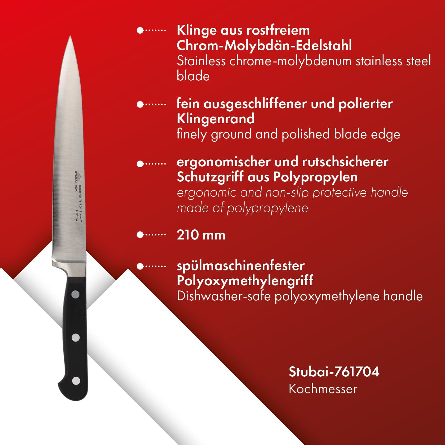 STUBAI schmales Kochmesser geschmiedet 210 mm | Küchenmesser aus Edelstahl für Schneiden von Fleisch, Geflügel, Gemüse, Obst & Lebensmitteln, spülmaschinenfest, schwarzer Griff