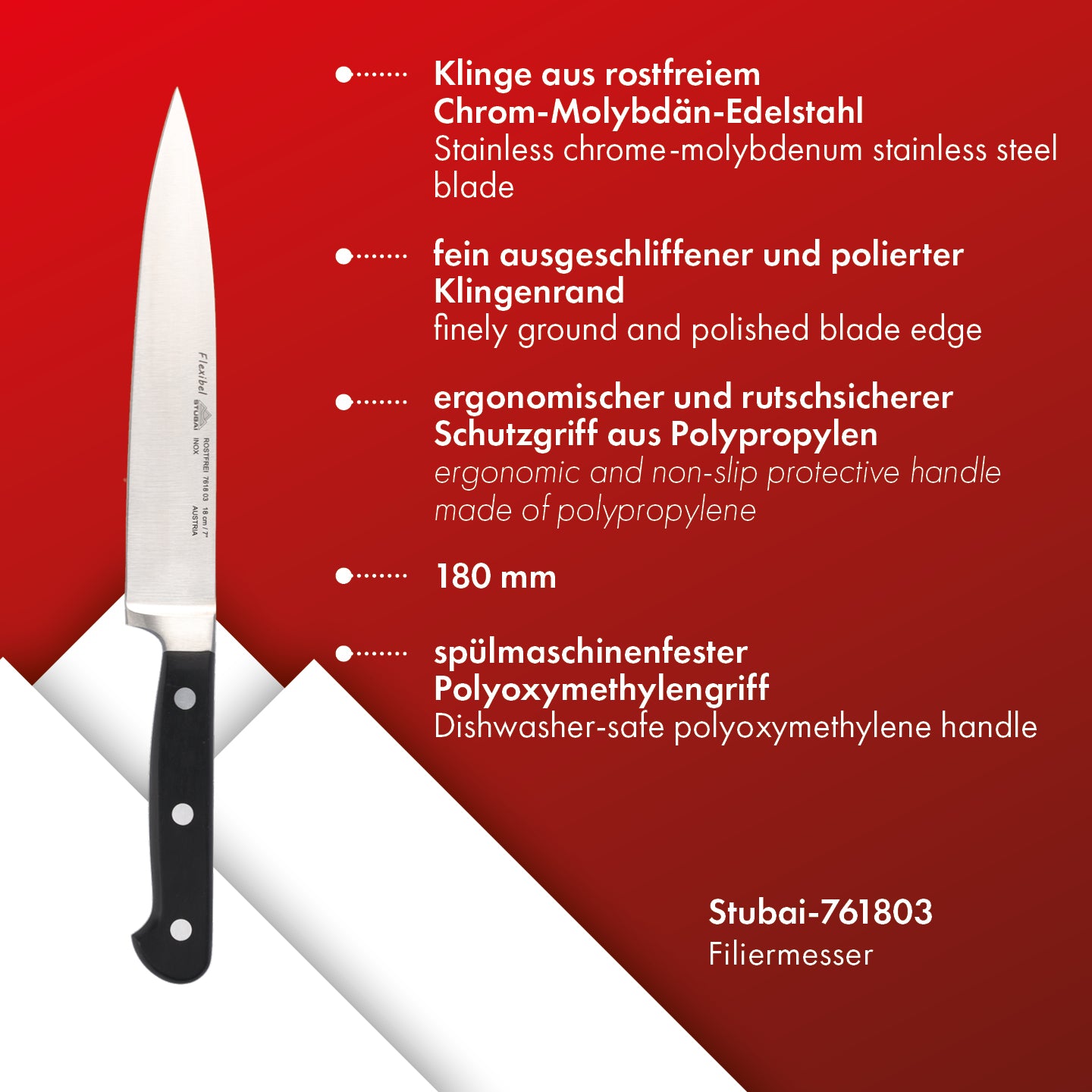 STUBAI Filiermesser flexibel | 180 mm | Filetiermesser, Fleischermesser aus Edelstahl für Schneiden von Fleisch, Steak, Filet, Geflügel & Lebensmitteln, spülmaschinenfest, schwarzer Griff