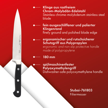 STUBAI Filiermesser flexibel | 180 mm | Filetiermesser, Fleischermesser aus Edelstahl für Schneiden von Fleisch, Steak, Filet, Geflügel & Lebensmitteln, spülmaschinenfest, schwarzer Griff