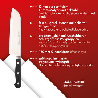 STUBAI hochwertiges Santokumesser geschmiedet | 180 mm | Küchenmesser aus Edelstahl für Schneiden von Fleisch, Geflügel, Gemüse, Obst & Lebensmitteln, spülmaschinenfest, schwarzer Griff