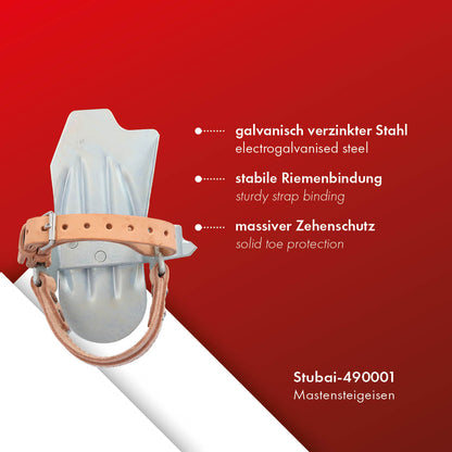 STUBAI Mastensteigeisen mit Lederriemen-Bindung, ohne Bügel | Trittplatte aus Stahlblech mit Zehenschutz | Höhensteigeisen galvanisch verzinkt mit solider Riemenbindung | Profi Mastensteighilfen