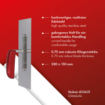 STUBAI Glättekelle rostfrei mit gebogenem Heft | 280 x 130 mm | 0,75 mm Klingenstärke | Profi Glättscheibe für Putz- und Spachtelarbeiten, Betonarbeiten und zum Fliesenlegen im Innen- als auch im Außenbereich